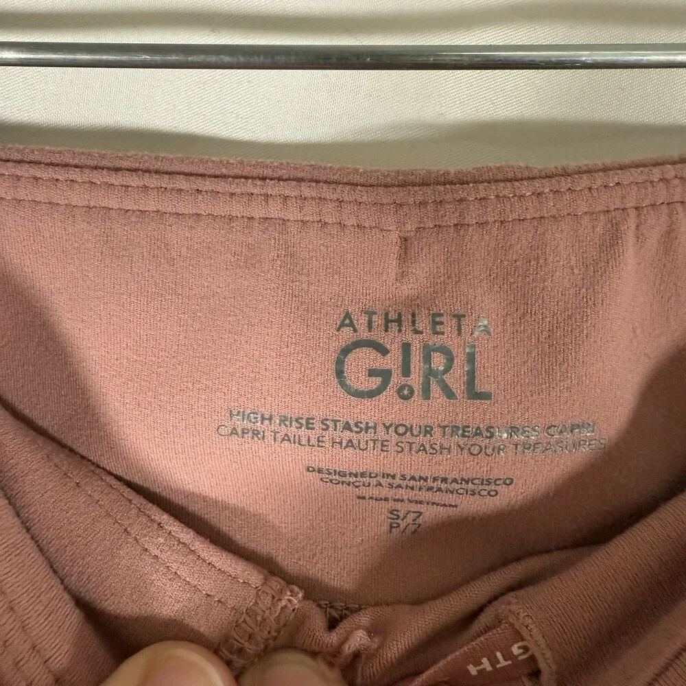 Athleta Girl Leggings Girl Small 7 Coral Pink Pull On Drawstring High Rise Capri
